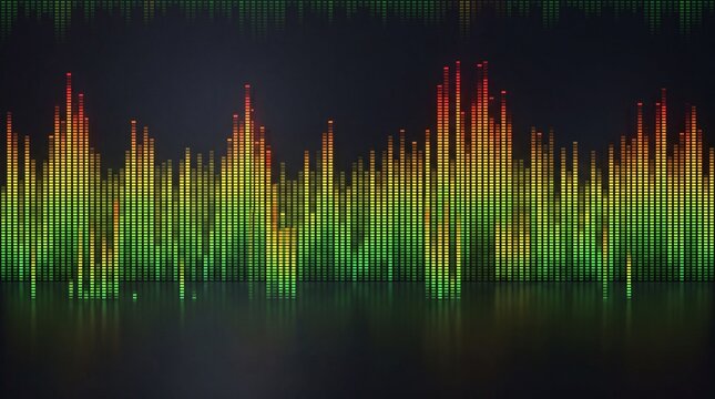 Colorful audio equalizer bars display varying signal levels against a dark background spectrum analyzer frequency waveform
