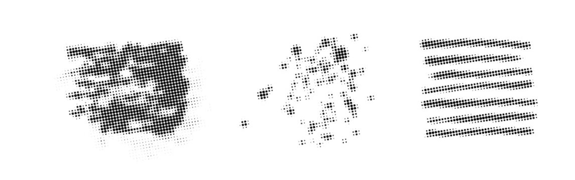 Set of three abstract halftone design elements with dot patterns, grunge textures, and parallel lines isolated on white background