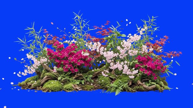 A charming spring composition of blooming pink and white flowers, green branches, and moss-covered soil isolated on a studio chroma key blue screen background. Excellent for spring holiday advertising