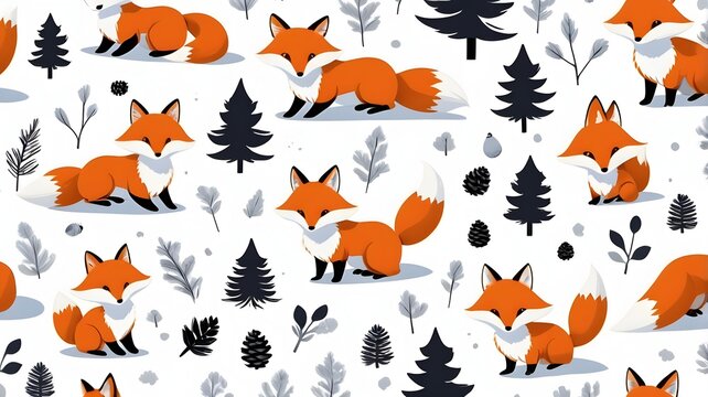 Whimsical forest seamless pattern with adorable orange foxes and dark trees. Cute woodland animal illustration on white background.