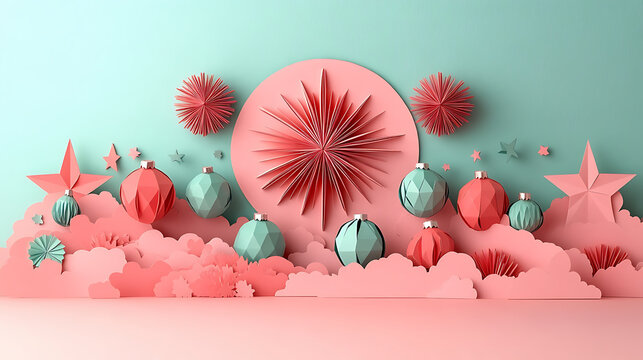 Retro 3D layered paper cut holiday banner featuring pastel pink clouds geometric baubles and starbursts