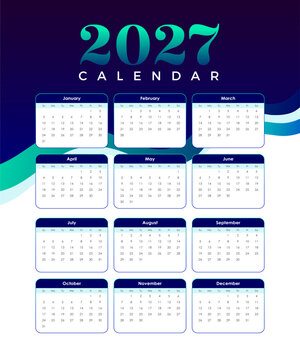 Modern 2027 Calendar Template with Dark Purple and Teal Wave Design