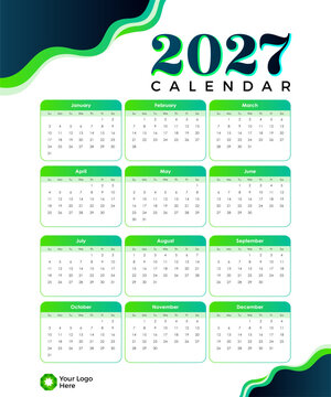 Modern Green and Navy 2027 Calendar Template with Abstract Wave Design