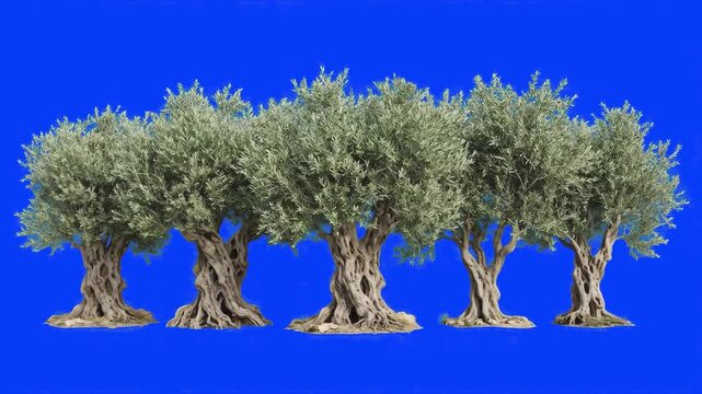 A row of ancient Mediterranean olive trees with gnarled, twisted trunks and silvery-green foliage isolated on a studio chroma key blue screen background. Ideal for Mediterranean landscaping, olive oil
