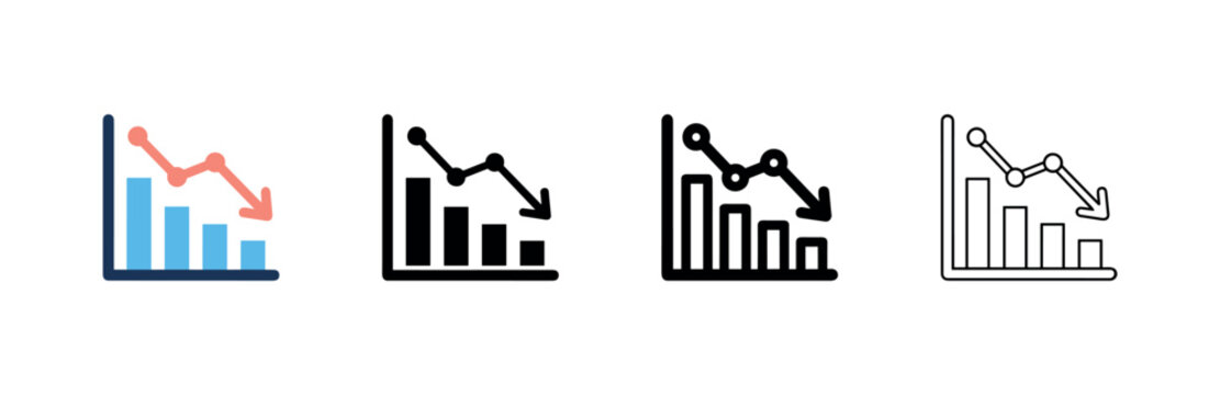Economic decline and financial crisis bar chart with downward arrow icon set