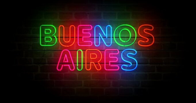 Buenos Aires Argentina neon symbol on brick wall. Argentinean light color bulbs. Loopable and seamless abstract concept animation.
