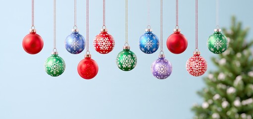 Fototapeta premium Holiday sale banner places suspended decorative baubles above a cozy winter backdrop, creating visual hierarchy for seasonal promotional messaging.