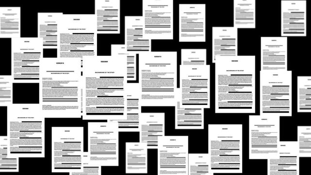 Report pages overlap varied study headings, printed text sections white paper. monochrome document animation represents academic research, restricted information, disclosure archival recordkeeping.