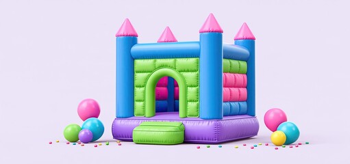Fototapeta premium Children's inflatable playhouse featuring bright blue pillars and a vibrant green doorway, perfect for party fun.