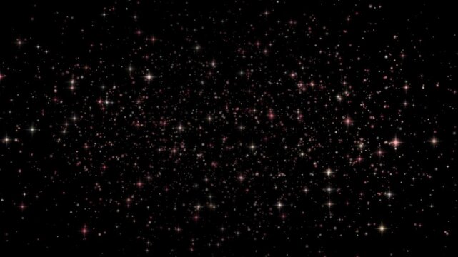 Rose gold sparkle cloud shimmering densely in the center of a black background as tightly packed glints and fine dust catch slow drifting bands of light
