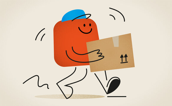 Happy courier running with cardboard parcel for express delivery illustration