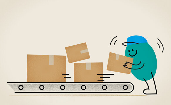 Warehouse packing worker sorting parcels on conveyor belt illustration