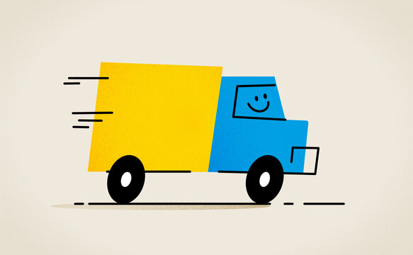 Fast delivery truck carrying parcel in colorful logistics illustration
