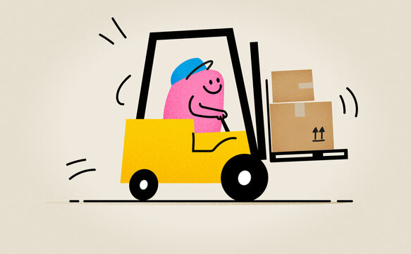 Forklift operator moving stacked packages in warehouse illustration