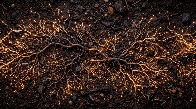 A network of plant roots spreads across dark rich soil with numerous fine rootlets root system