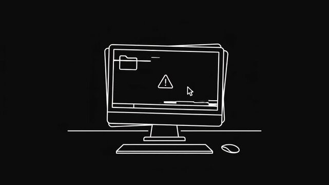 Minimalist white line art animation of a computer desktop screen showing a file folder and a warning error sign on a black background. Suitable for cybersecurity promos, IT troubleshooting videos, com