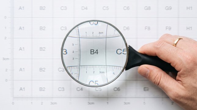 hand of person holding magnifying glass over paper grid sheet