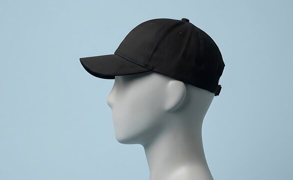 Blank Black Baseball Cap Mockup on Mannequin Head Side Profile with Light Blue Background