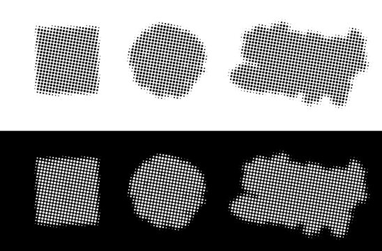 Set of halftone shapes with square, circle and abstract blob forms, black dots on white and white dots on black background, vector design elements