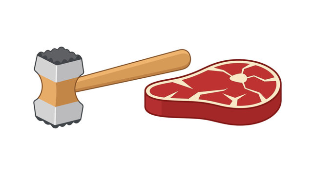Flat vector illustration of a professional stainless steel and wood meat mallet tenderizer lying next to a thick cut of raw marbled red beef steak on a white background.