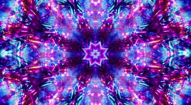 Vibrant neon kaleidoscope with symmetrical starburst geometry in pink, purple and electric blue, futuristic cyberpunk light tunnel