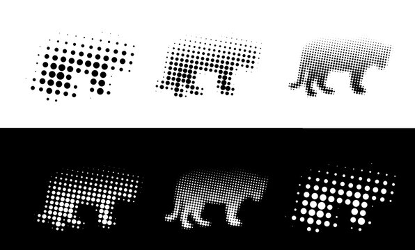 Set of halftone panther silhouettes, abstract big cat icons created with dots, vector illustration of wild animal shapes in various dot densities