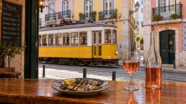 Portuguese Vinho Verde ros&eacute; wine and grilled sardines on a sunny Lisbon tavern counter beside a passing yellow Lisbon tram, blending Portuguese Culinary Immersion, local wine culture 