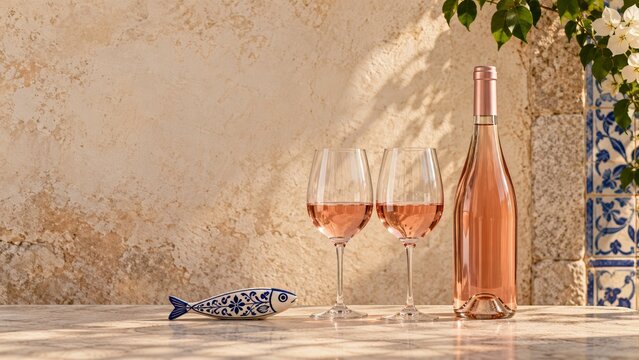 Portuguese Vinho Verde ros&eacute; wine in two glasses beside a ceramic fish and bottle on a sunny stone counter, celebrating Portuguese Slow Tourism and coastal design with summer advertising copy space.