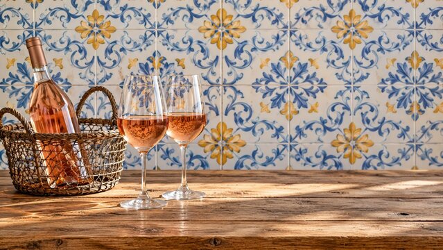 Portuguese Vinho Verde ros&eacute; wine presented in a wicker basket beside two glasses and blue azulejo tiles, evoking Authentic Quinta Experiences, handmade Portuguese craft and slow summer hospitality.