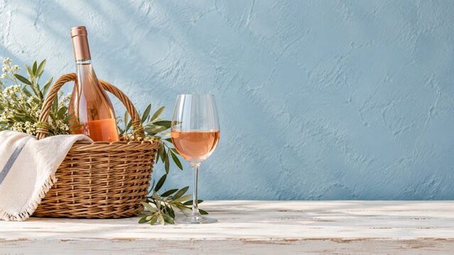 Portuguese Vinho Verde ros&eacute; wine in a woven picnic basket beside a single glass and olive branches, an airy blue backdrop for Regenerative Travel Portugal and relaxed summer beverage advertising.