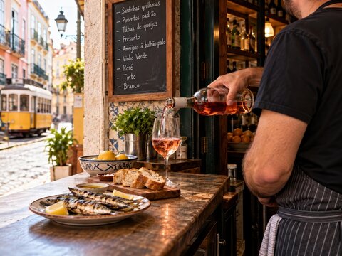 Portuguese Vinho Verde ros&eacute; wine poured by a bartender beside a Portuguese menu and grilled sardines as a yellow Lisbon tram passes, evoking local food tourism and Low Intervention Winemaking themes.