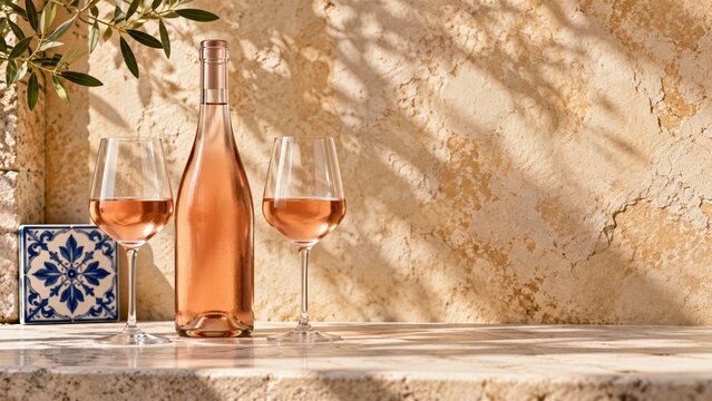 Portuguese Vinho Verde ros&eacute; wine with two glasses and bottle against a sunlit rustic wall, a minimalist still life for the Natural Wine Movement, sustainable tasting culture and travel branding.