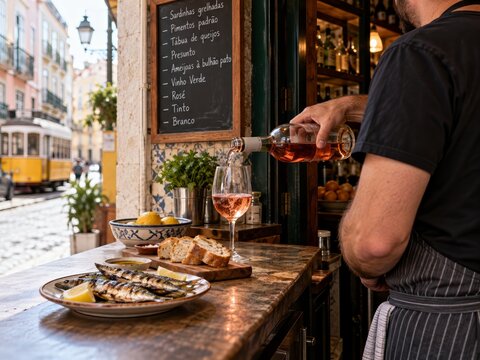 Portuguese Vinho Verde ros&eacute; wine poured by a bartender at a traditional Lisbon bar with grilled sardines and a yellow tram outside, highlighting Portuguese Culinary Immersion and local hospitality.