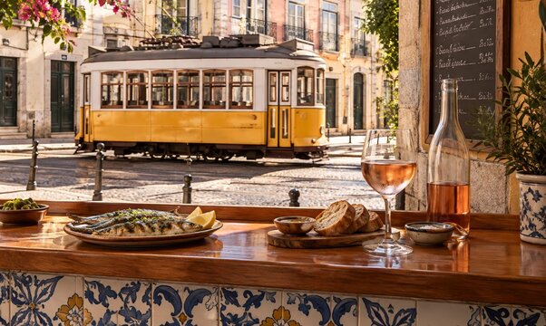 Portuguese Vinho Verde ros&eacute; wine served with grilled sardines and rustic bread on a tiled Lisbon bar counter, while a yellow tram passes through the historic street in a classic travel dining scene.