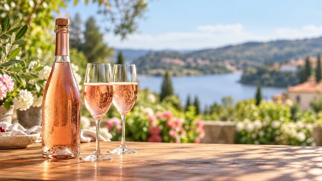Portuguese Vinho Verde ros&eacute; wine in a sparkling bottle and two flutes overlooking a lush riverside landscape, connecting Portuguese P&eacute;t Nat trends with scenic wine tourism and sunlit summer escapes.
