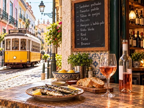 Portuguese Vinho Verde ros&eacute; wine with grilled sardines, rustic bread and lemons outside a Lisbon tavern, as tram 28 approaches, illustrating Portuguese Slow Tourism and local culinary traditions.