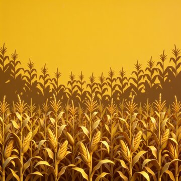 Paper cut style agricultural landscape with corn stalks and empty space for text