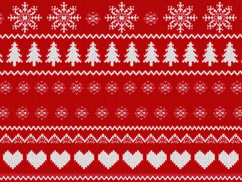 Red christmas sweater fabric texture pattern with snowflakes, christmas trees and hearts