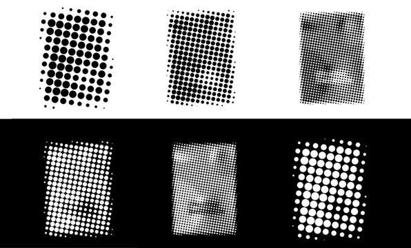 Set of halftone dot patterns, distressed grunge textures, and comic book style vector elements for graphic design and print projects