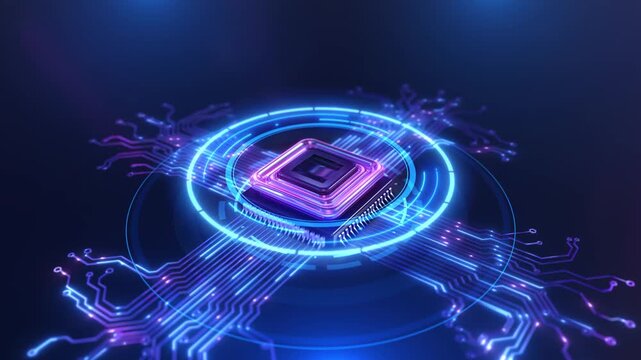 Segmented rings frame glowing square chip highlights circuit connections deep backdrop. digital hardware animation open upper copy space presentation titles, technology promos computing explainers.