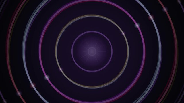 Concentric neon circles with glowing purple and pink lines form a seamless looping tunnel effect on a dark background.