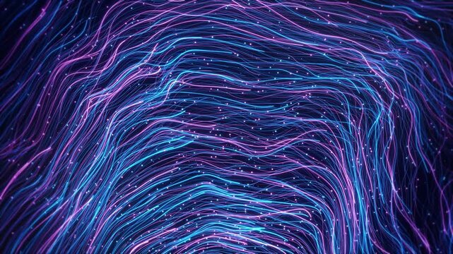 Cyan strands form sinuous filled scattered glowing dots dark space. neon wave animation textured digital backdrop for motion graphics, technology presentations, creative titles and vibrant video edits