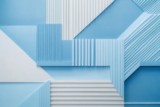 Light blue and white background, diagonal stripes of light-blue geometric shapes with an outline, each shape in varying shades to create depth, Generative AI