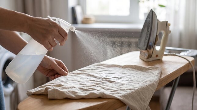Woman spraying water on linen cloth with spray bottle on ironing board before ironing at home, representing housework, chore and clothing care routine