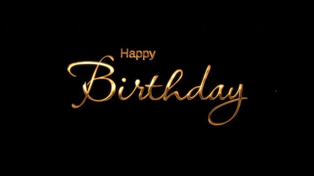 Gold lettering happy birthday in elegant cursive calligraphy on a stylish glowing dark background design. Perfect for birthday greeting cards and party invitations.