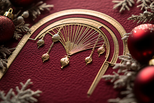 Macro close-up photography of a luxury Christmas greeting card with a golden embossed fan ornament on textured red paper