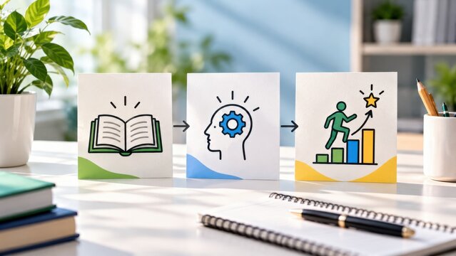 Learning process concept with book gear and person climbing stairs for success and goal achievement.