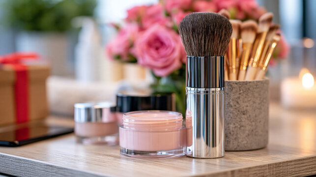 Black Friday beauty shopping concept with unbranded skincare bottles, cosmetic containers and makeup brushes arranged elegantly on a clean vanity, smartphone and gift box nearby, sophisticated studi