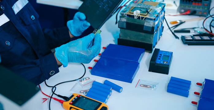 Engineer testing a battery pack with a multimeter in a high-tech lab, exploring BMS, renewable energy storage, electrical testing, clean power, and battery innovation.