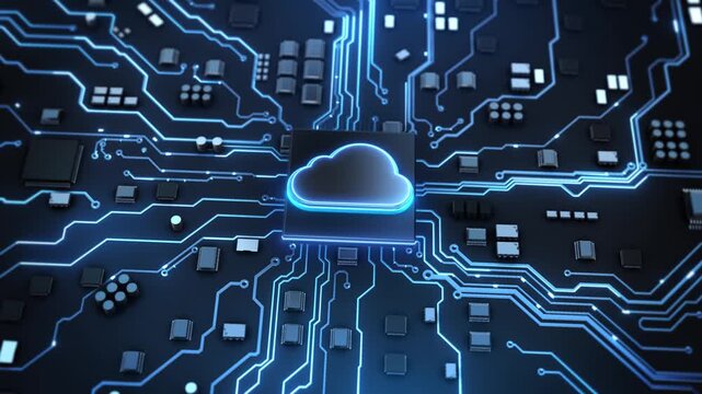 Glowing cloud crowns processor blue paths connect chips components. Futuristic computing animation for cloud platforms, remote services, data transfers enterprise technology presentation backgrounds.